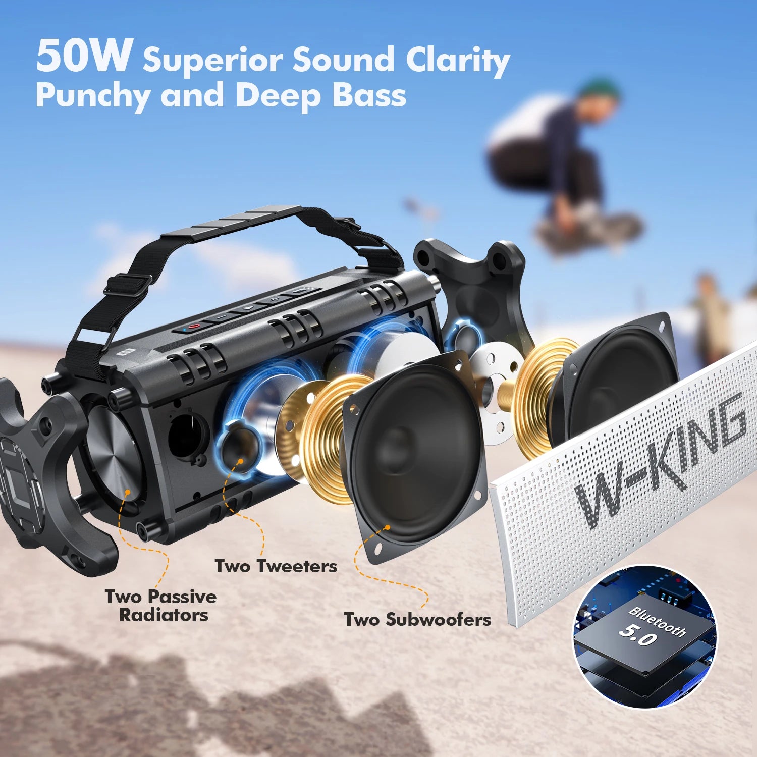 Black portable wireless speaker exploded view showing two subwoofers, two tweeters, and two passive radiators.