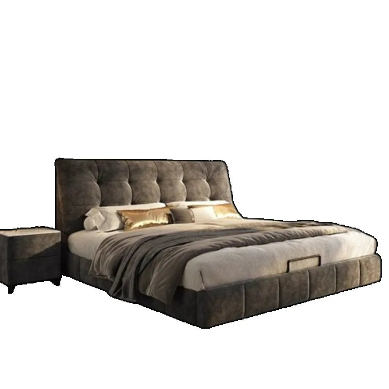A modern, dark grey upholstered bed frame with a tufted headboard and a matching bedside table.