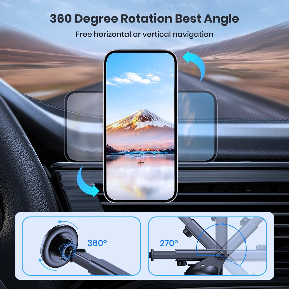 Black car phone mount with 360-degree rotation and adjustable arm, shown attached to a vehicle dashboard.