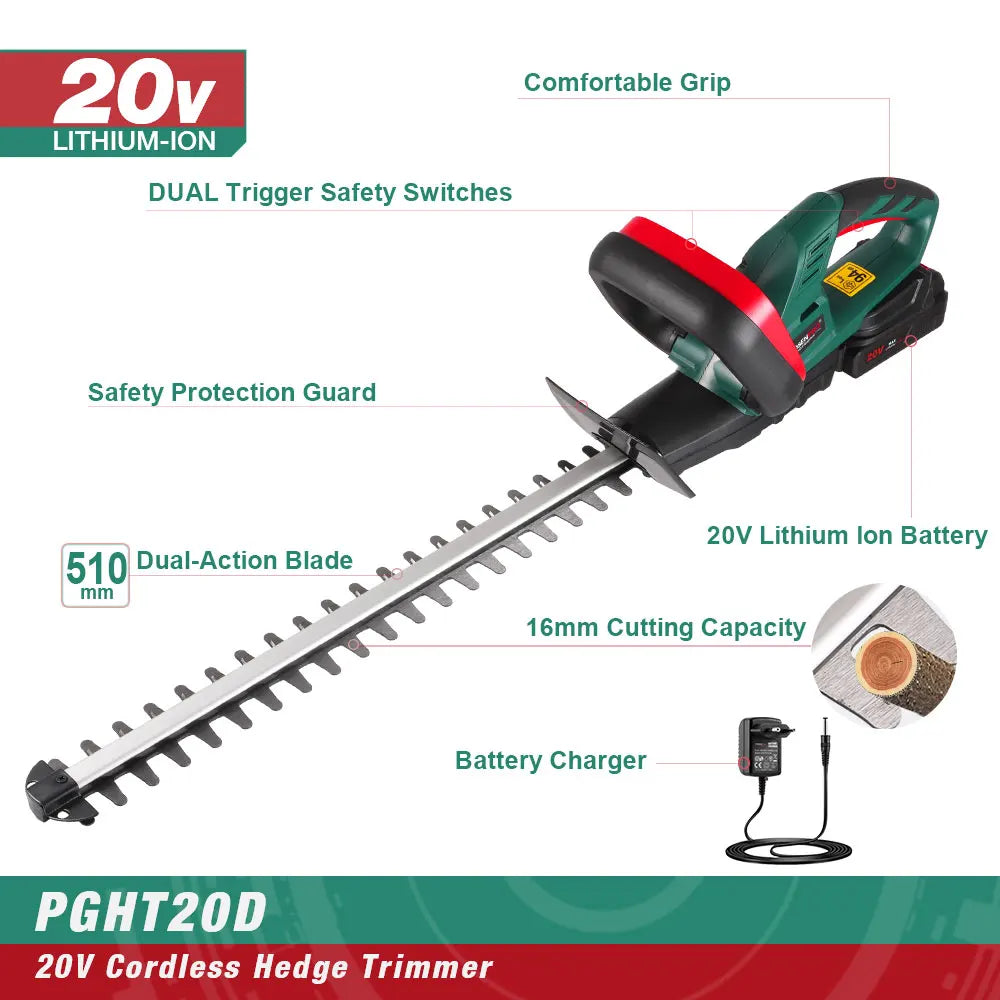 Green POSENPRO 20V cordless hedge trimmer with long blade, safety guard, soft grip handle, and battery charger.