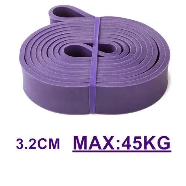 A purple resistance band coiled and held together, with text reading "3.2CM MAX: 45KG".