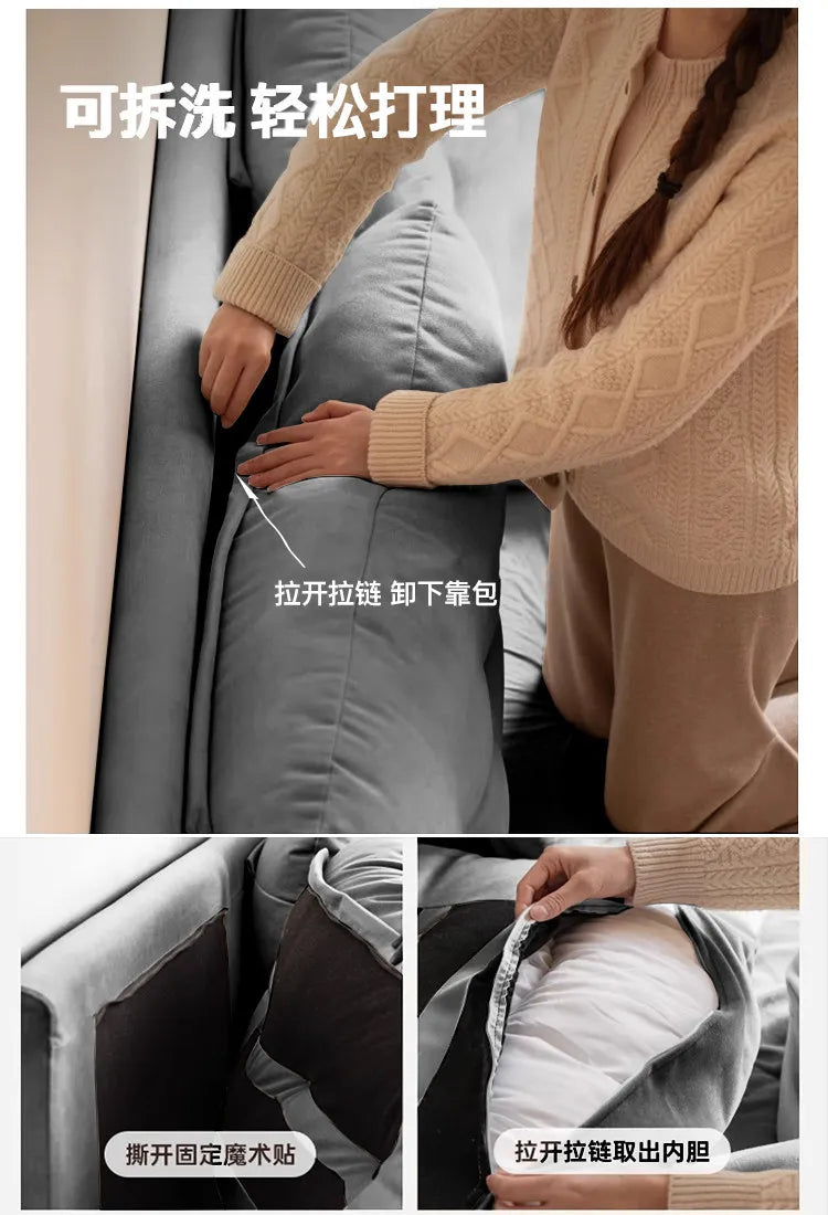 A grey upholstered bed with removable, zip-off covers for easy cleaning and maintenance.