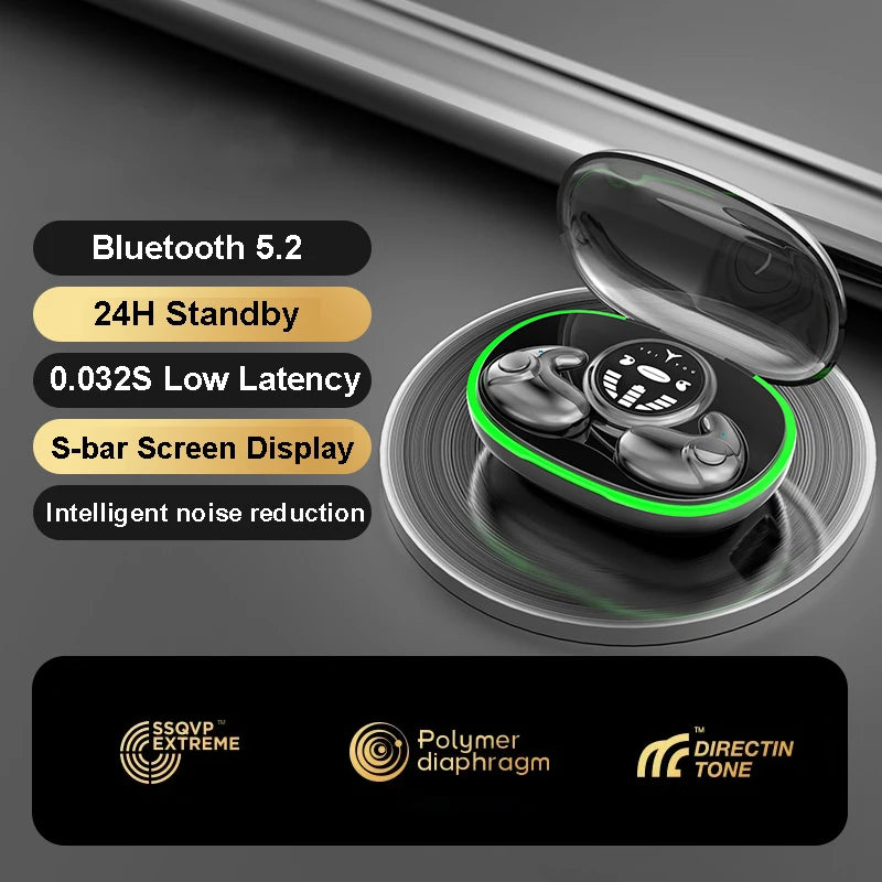 Wireless earbuds in a charging case with a digital screen, black metallic finish, and a green LED accent light.