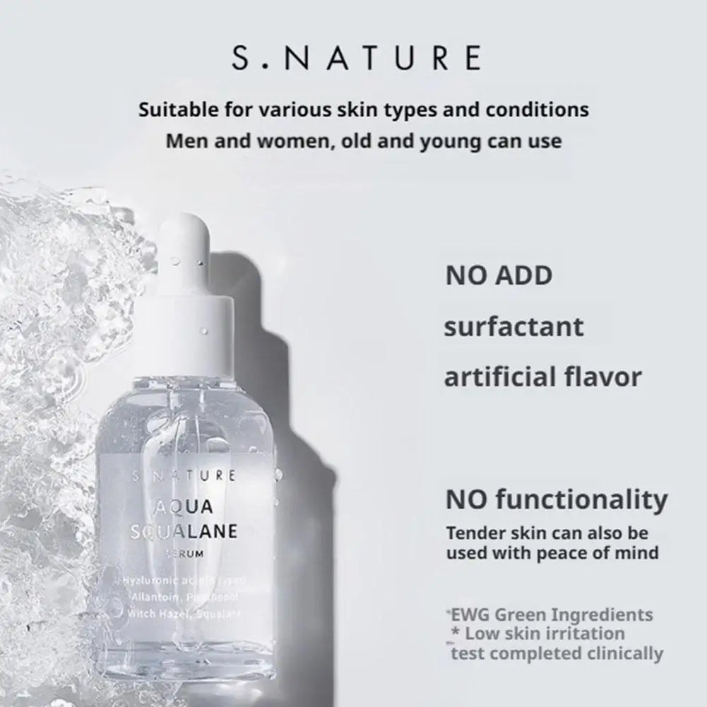Clear glass dropper bottle of hydrating facial serum against a splash of water, highlighting clean, gentle ingredients.