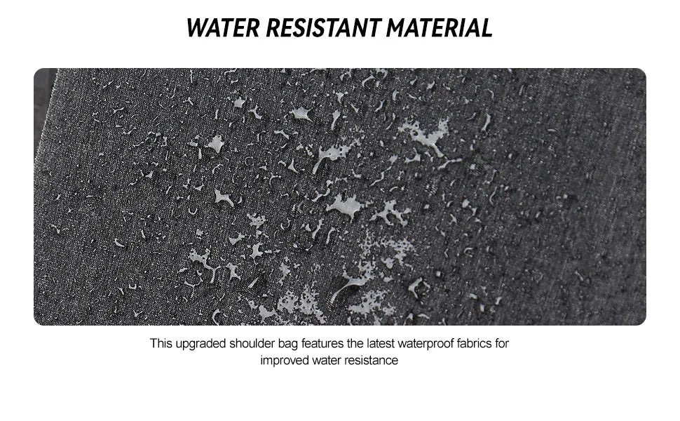 Close-up of grey, water-resistant fabric with water droplets beaded on the surface of the crossbody sling bag.