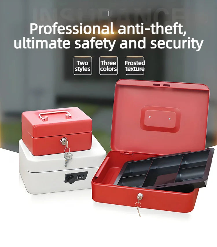 Three metal cash boxes with frosted finish in red and white, featuring key locks and internal organizing trays.