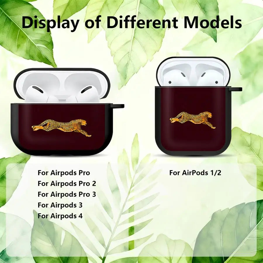 Dark maroon AirPods cases with a leopard print design, compatible with various AirPods models.