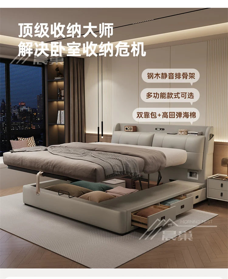 Modern cream upholstered storage bed with lift-up base, integrated headboard shelving, and side storage drawers.