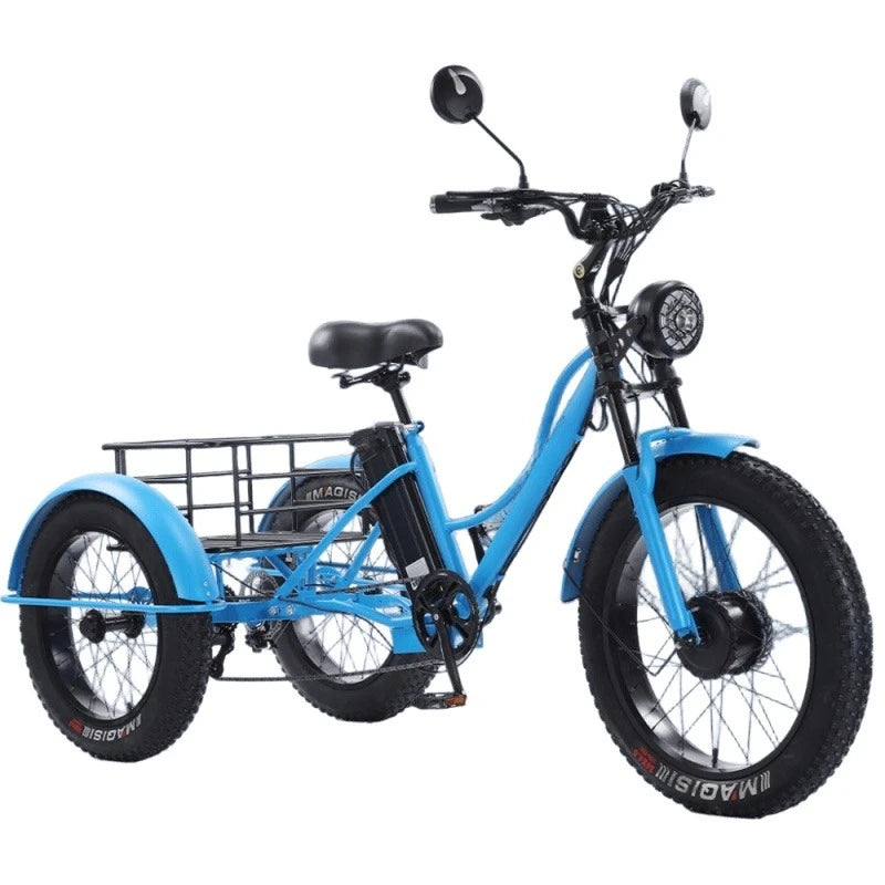Bright blue electric tricycle with fat tires, rear cargo basket, black seat, handlebars, mirrors, and a headlight.
