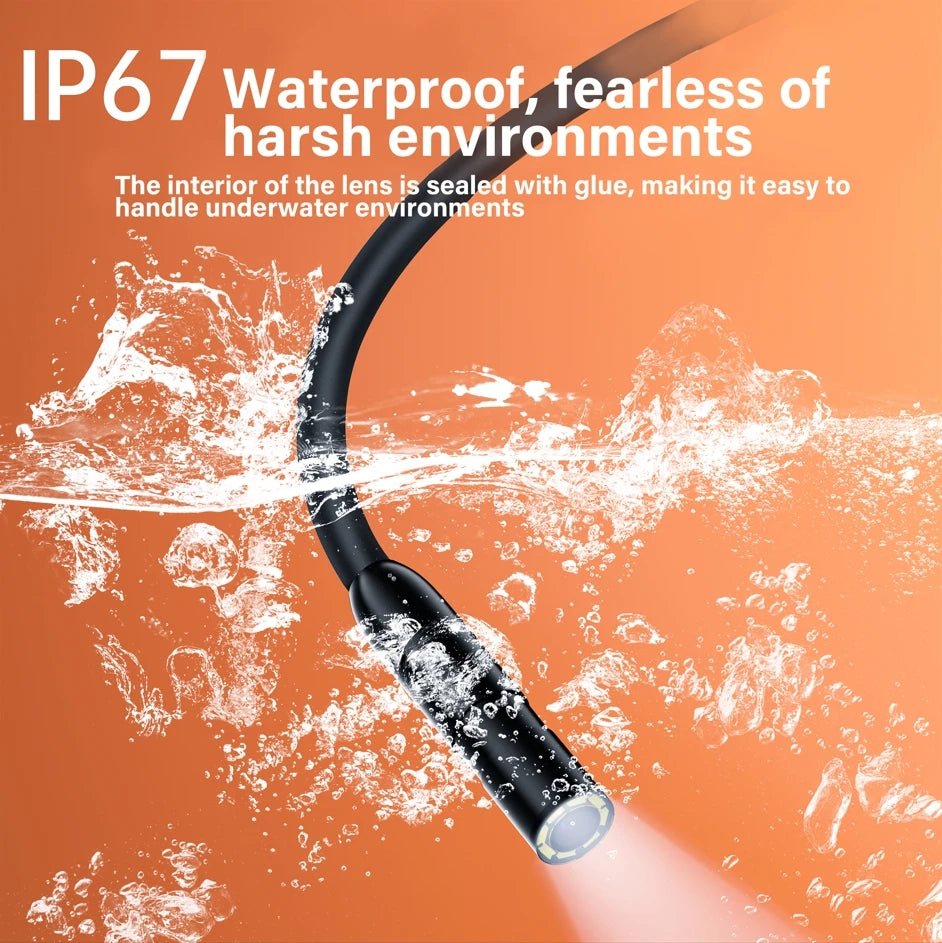 Black, 7mm waterproof endoscope camera submerged in water with visible bubbles and LED light illumination.