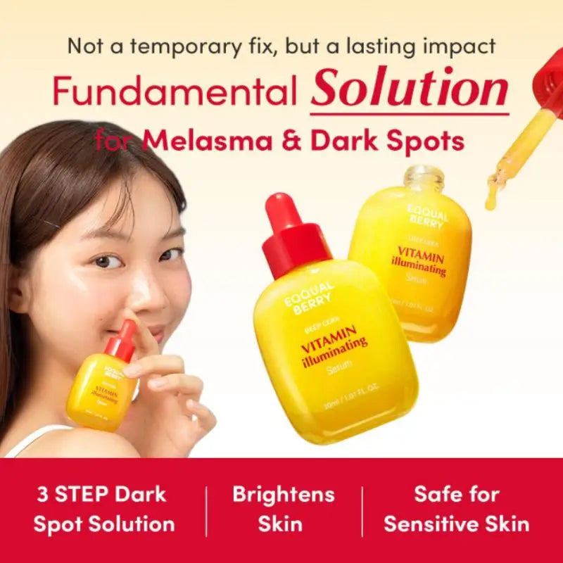 Bright yellow facial serum bottles with red dropper caps for treating dark spots and brightening sensitive skin.