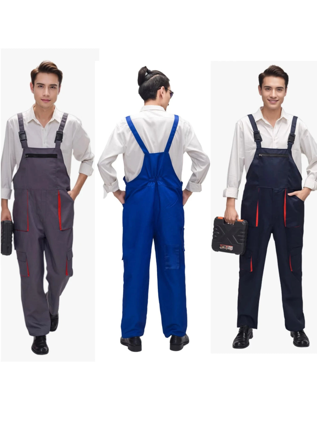 Three men wearing heavy-duty mechanic bib overalls in grey, blue, and navy, featuring multiple pockets and clip straps.