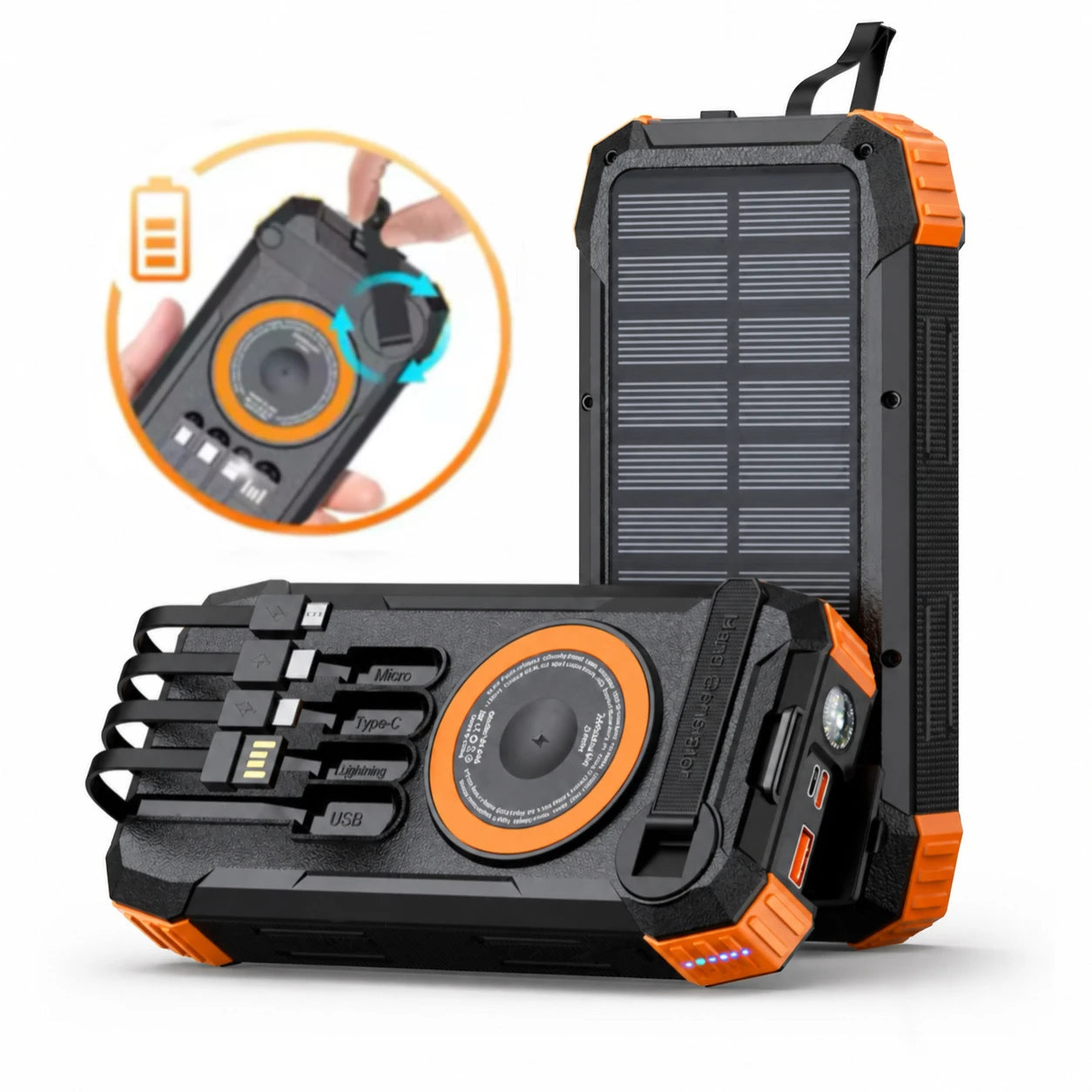 Rugged black and orange solar power bank with built-in cables, wireless charging pad, and LED torch feature.