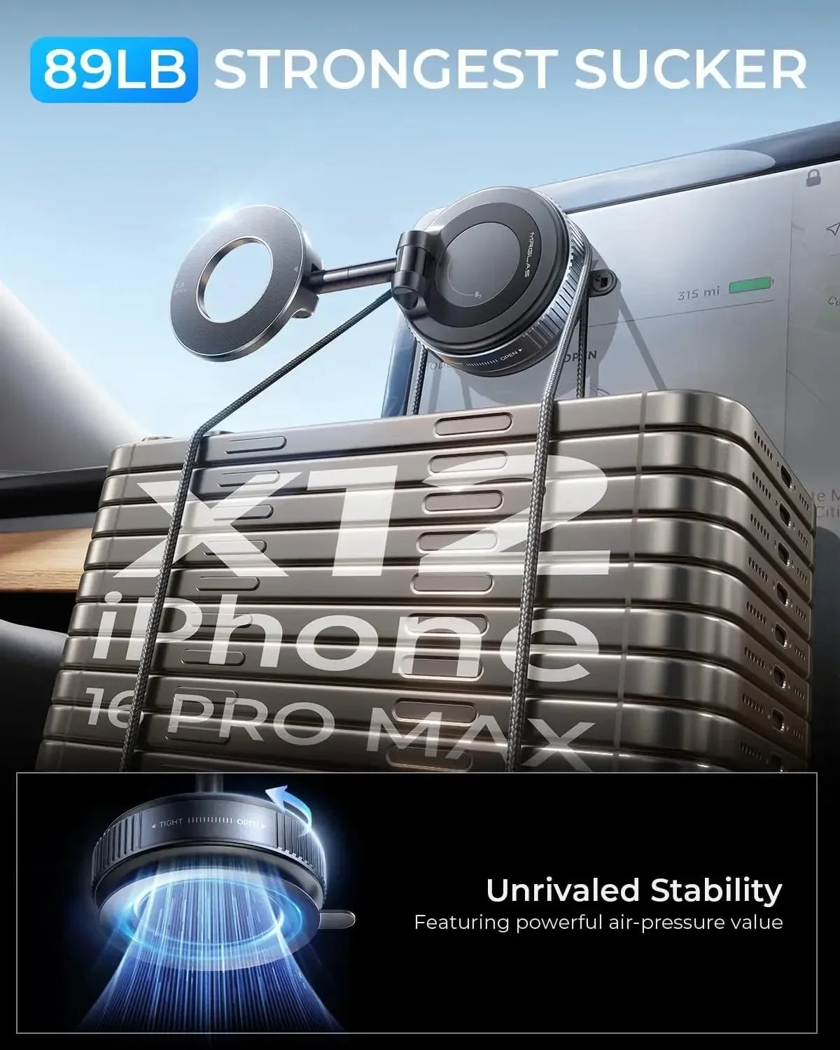 Black heavy-duty magnetic suction mount for a car, holding multiple smartphones with a powerful vacuum locking base.