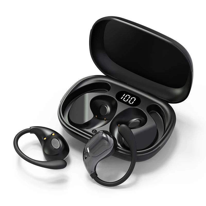 Black wireless ear hooks with charging case and digital battery display, isolated on white background.
