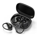 Black wireless ear hooks with charging case and digital battery display, isolated on white background.