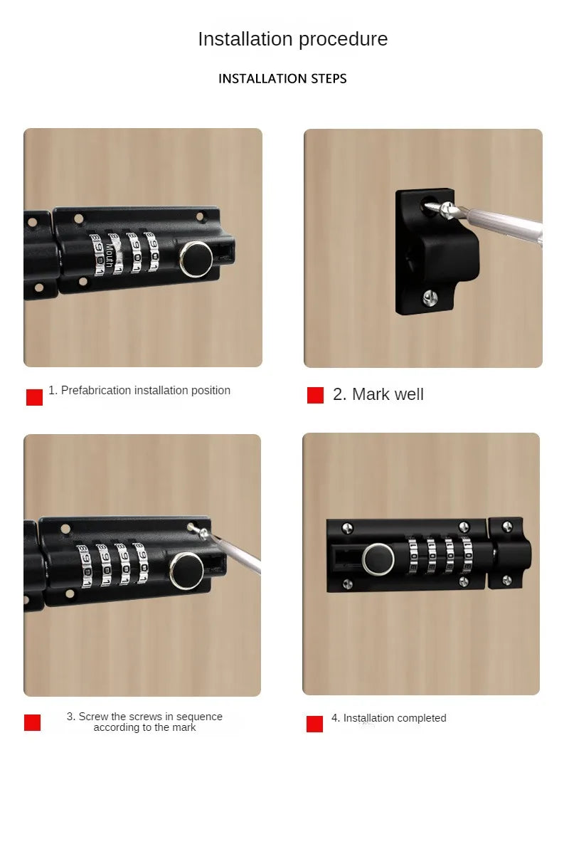 Black metal sliding door bolt lock with a four-digit combination dial, shown in a four-step installation guide.