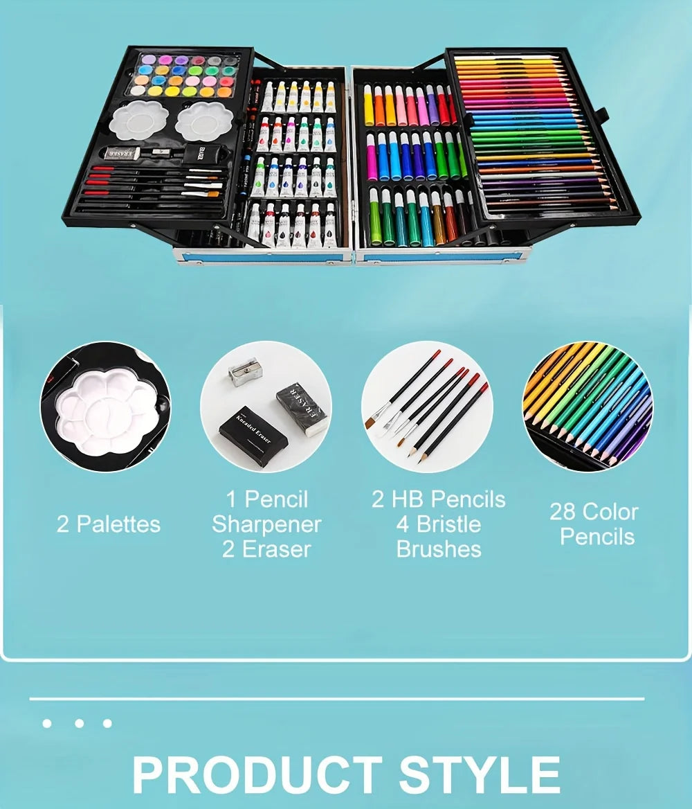 Art supply set in a black folding carry case containing paints, brushes, pencils, erasers, and palettes.