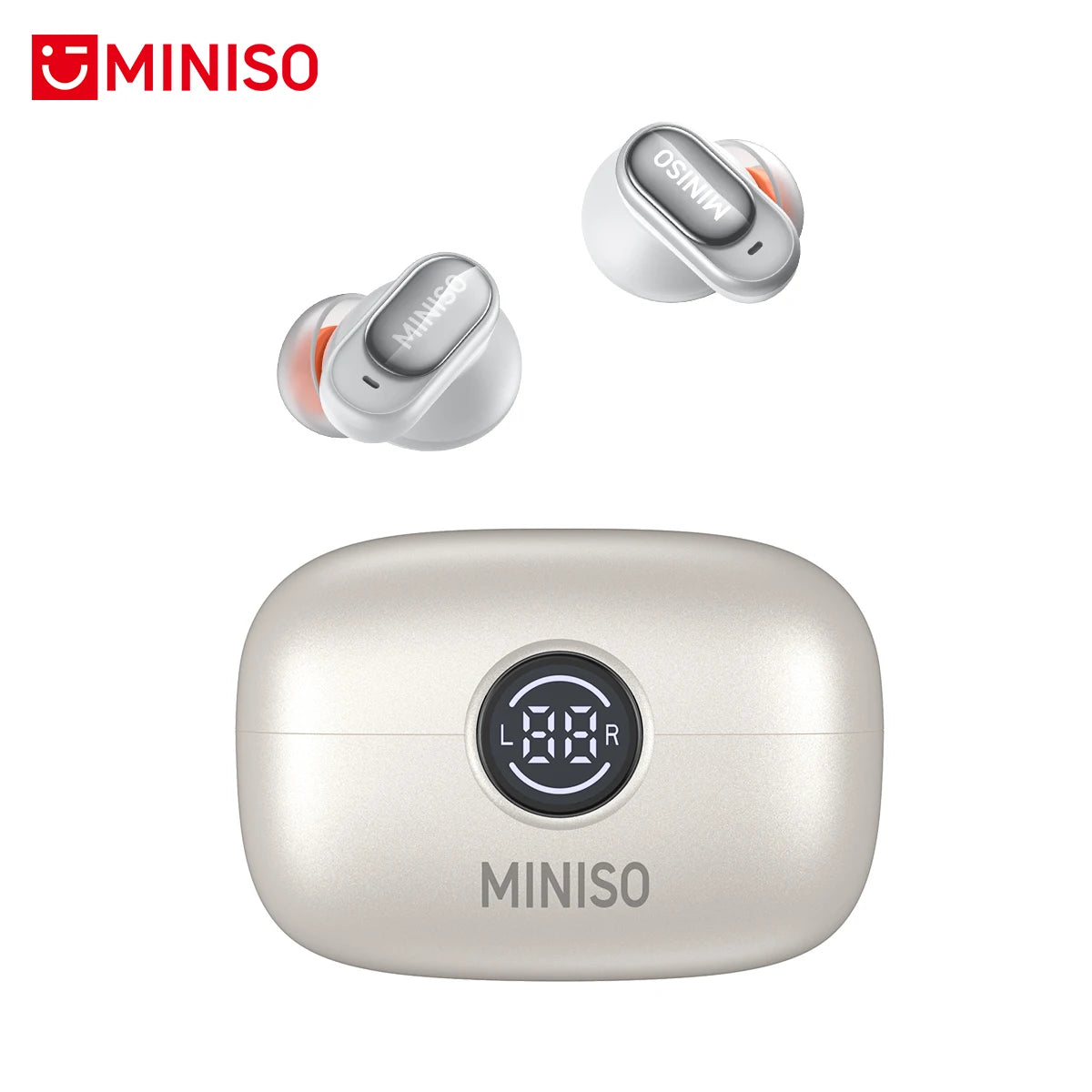 White wireless earbuds with orange accents and a matching champagne-coloured charging case with a digital battery display.
