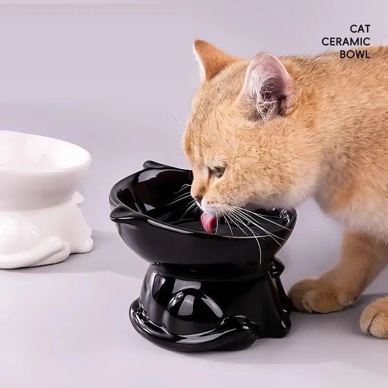 A ginger cat drinks from a tilted, elevated black ceramic bowl, with a matching white bowl shown in the background.
