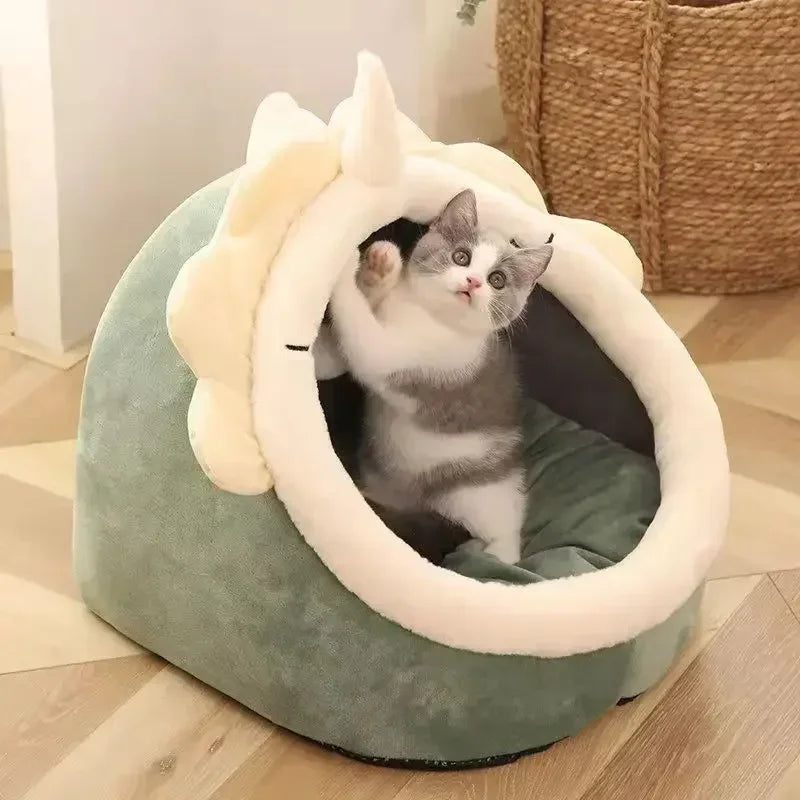 A plush, green-and-cream dinosaur-themed pet bed with a fluffy rim, occupied by a cute grey-and-white kitten.