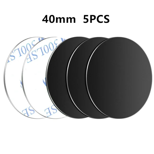 Five circular, 40mm black adhesive pads with white peel-off backing, arranged in a row.