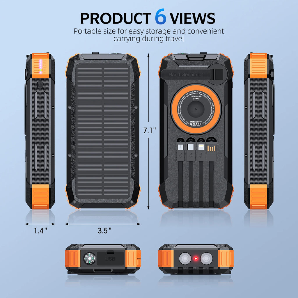 Rugged black and orange solar power bank showing multiple angles, built-in cables, wireless charger, and LED torch.