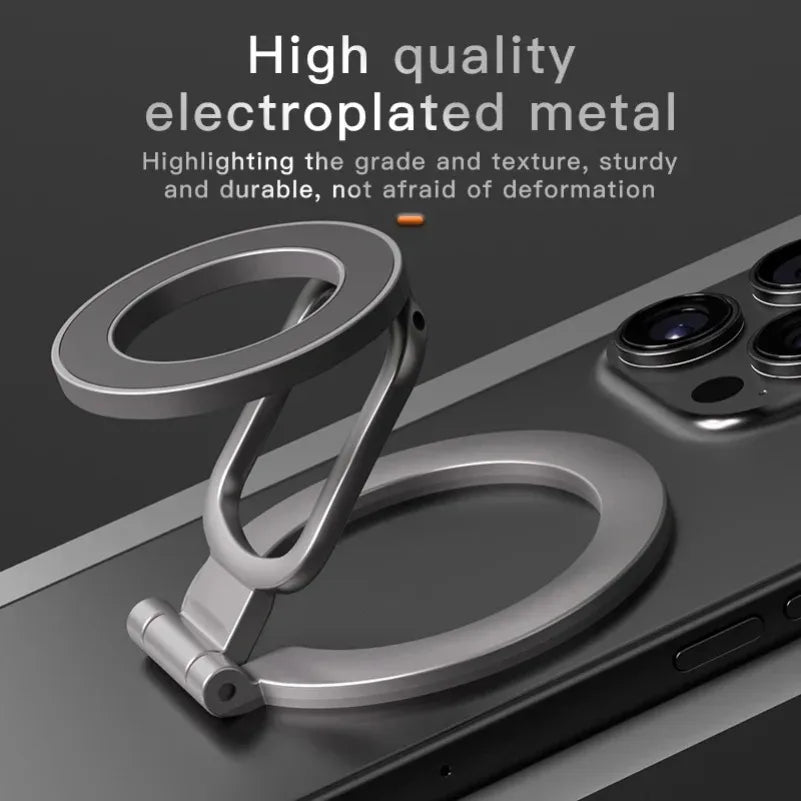 Grey electroplated metal magnetic ring phone stand attached to a smartphone.