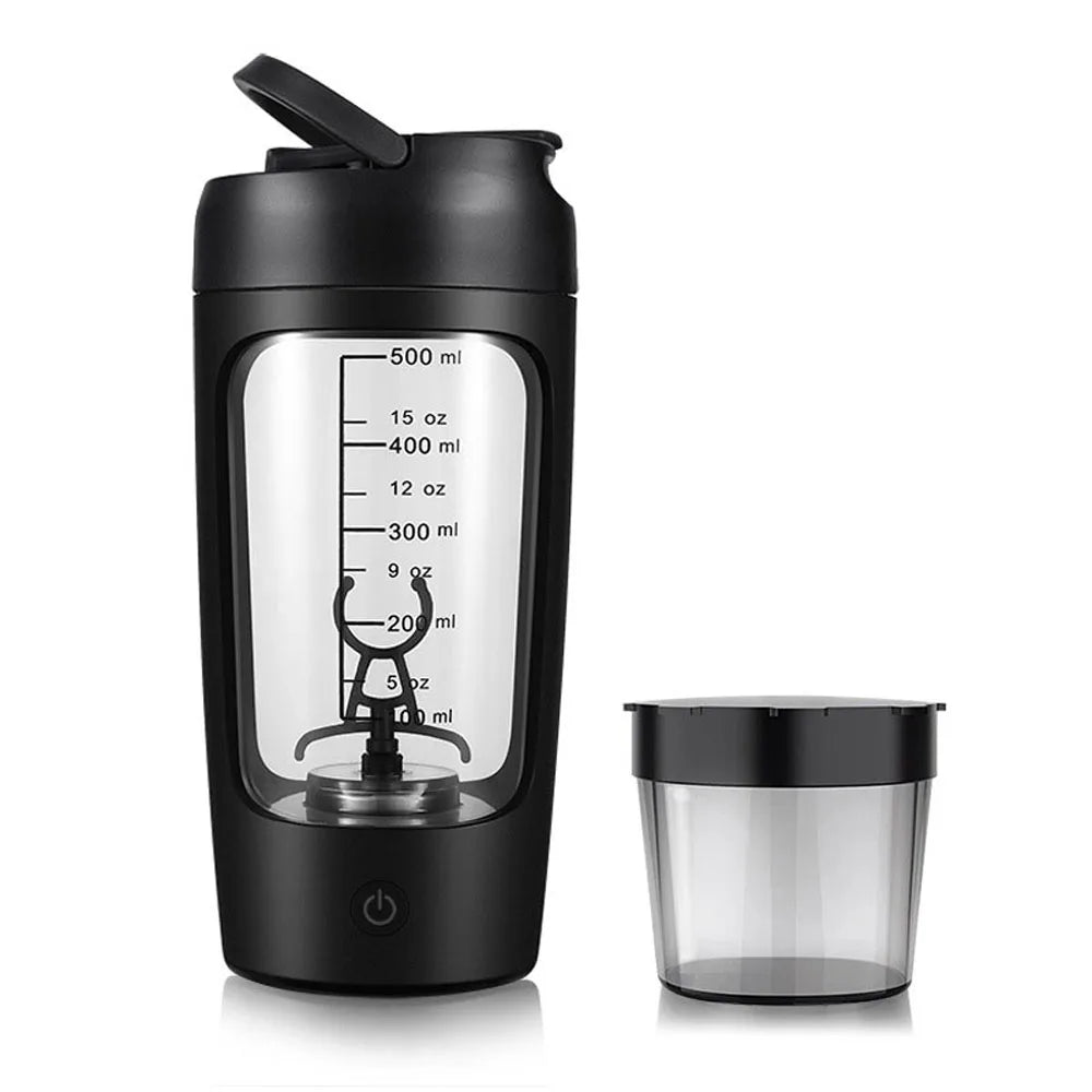Black electric protein shaker bottle with measuring marks and a separate detachable storage container.