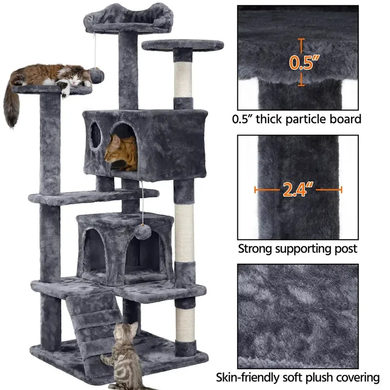Large dark grey 3-tier cat tree with plush condos, scratching posts, platforms, and a ramp for climbing and resting.