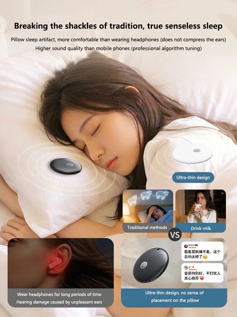 A woman sleeping with a compact, ultra-thin black Bluetooth speaker placed under her pillow for comfortable audio.