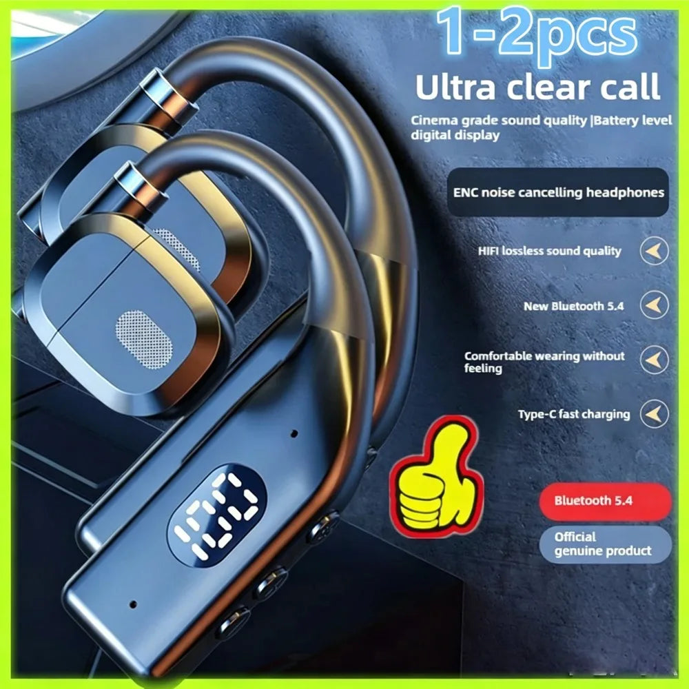 Pair of sleek, black, over-ear wireless headphones with a digital battery display and metallic accents.