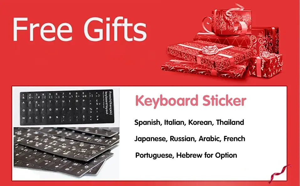 A promotional graphic showing a stack of red gift boxes and black keyboard stickers available in various languages.
