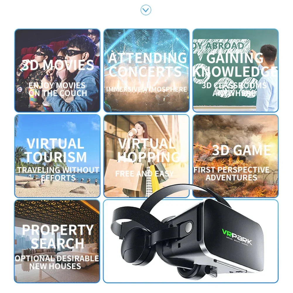 Black VR headset with integrated headphones, shown with images depicting various virtual reality use cases.