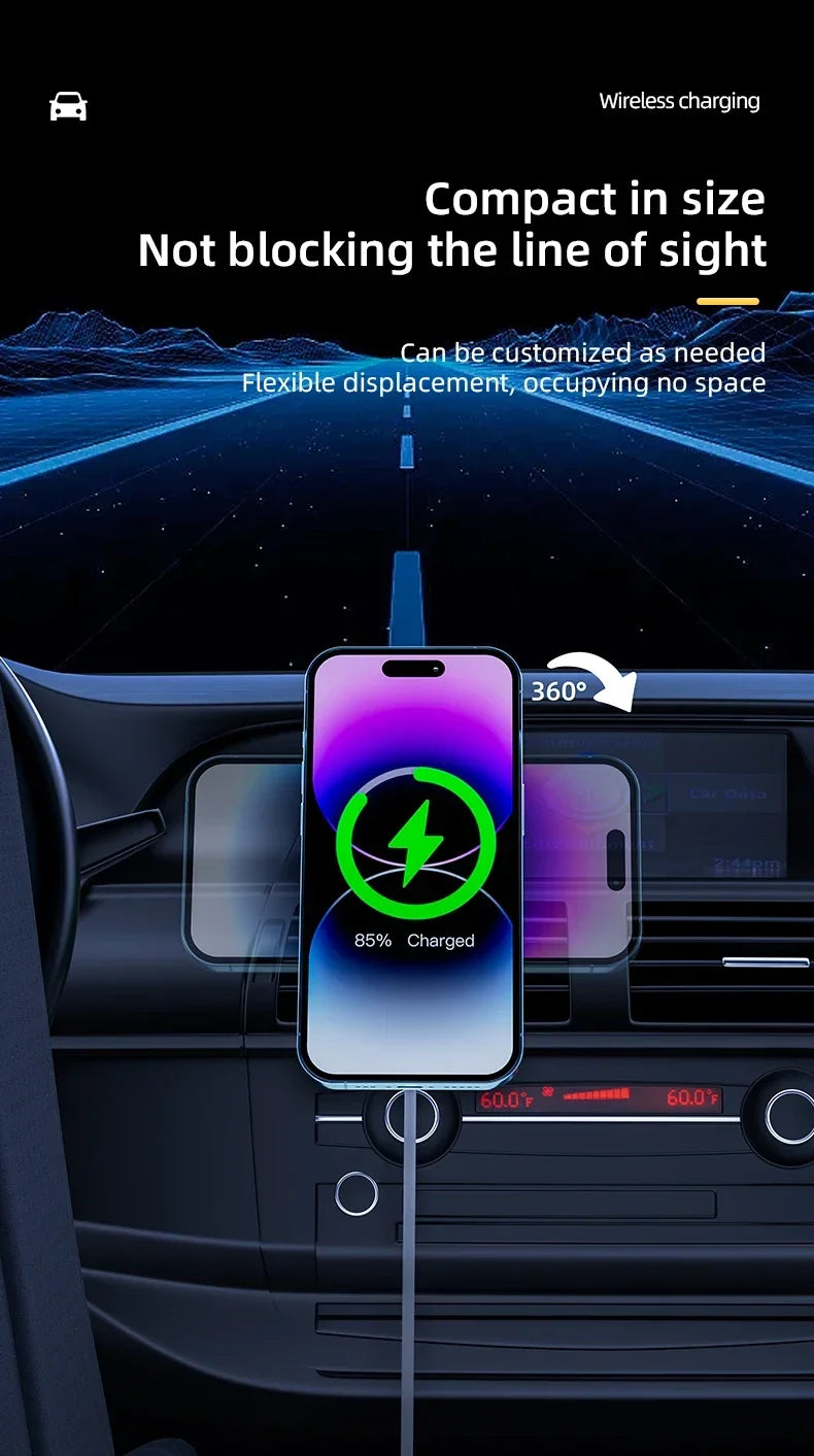 Compact, black 360-degree rotating car phone mount attached to a dashboard, featuring wireless charging capabilities.