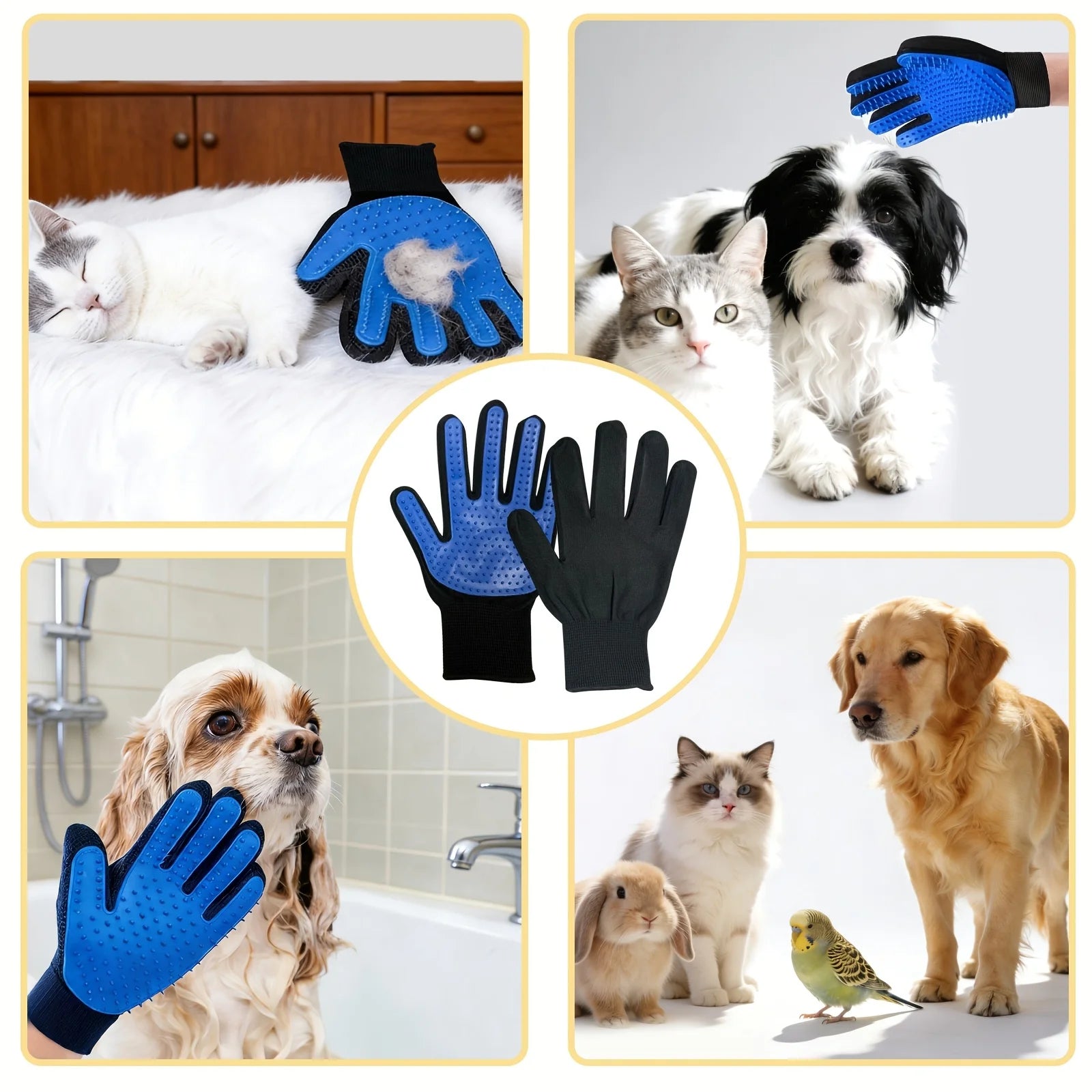 Blue and black pet grooming glove with rubber nodules for removing loose fur from dogs and cats.