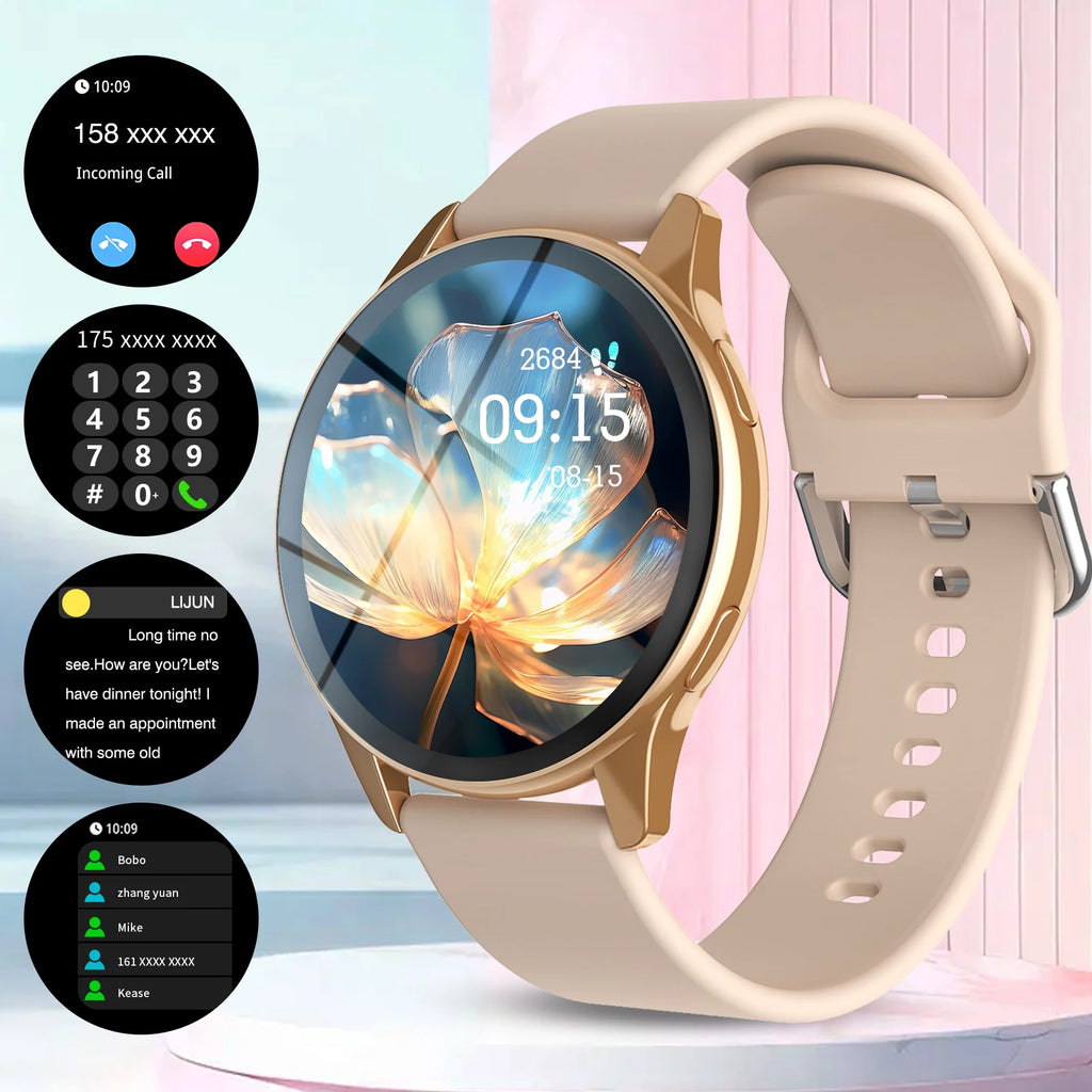Elegant gold multi-sport smartwatch with a beige silicone strap and a circular touchscreen displaying calling features.