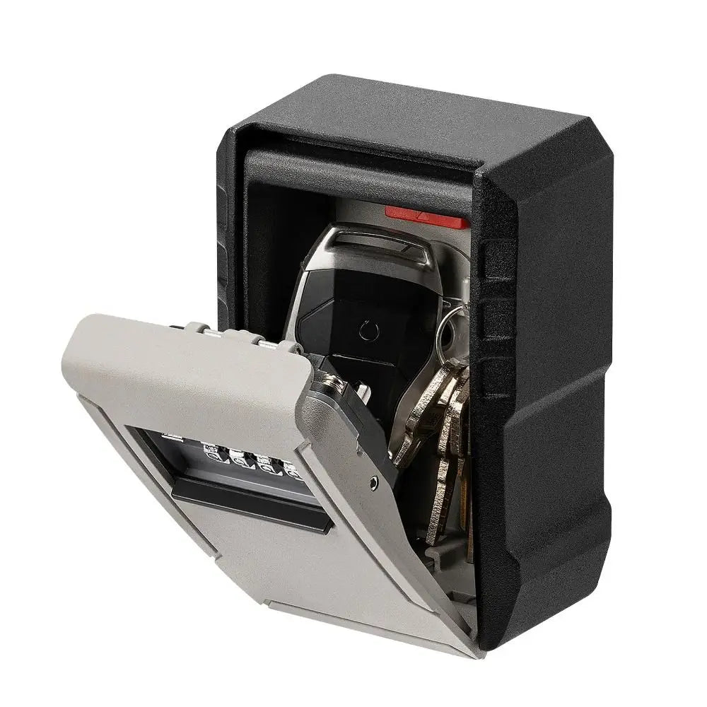 Black and grey metal wall-mounted key lock box with a four-digit combination dial and keys inside.