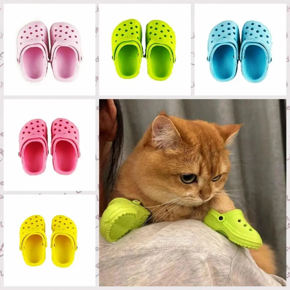 Colourful, hole-patterned cat sandals in various shades, worn by a ginger cat on a person's shoulder.