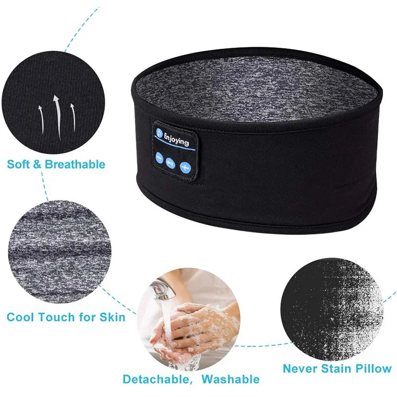 Black wireless Bluetooth music headband and sleep mask. Soft, breathable, washable material with integrated controls.