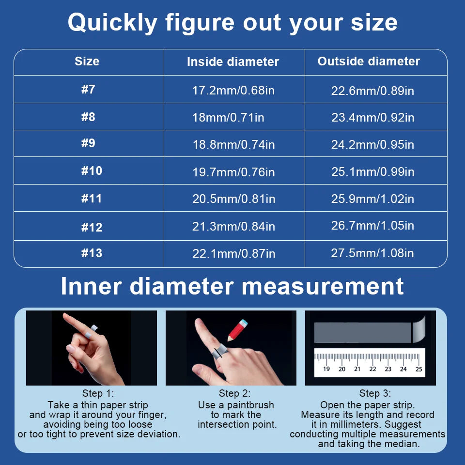 Size guide chart for a smart fitness ring, featuring a measurement table and a three-step guide for finger sizing.