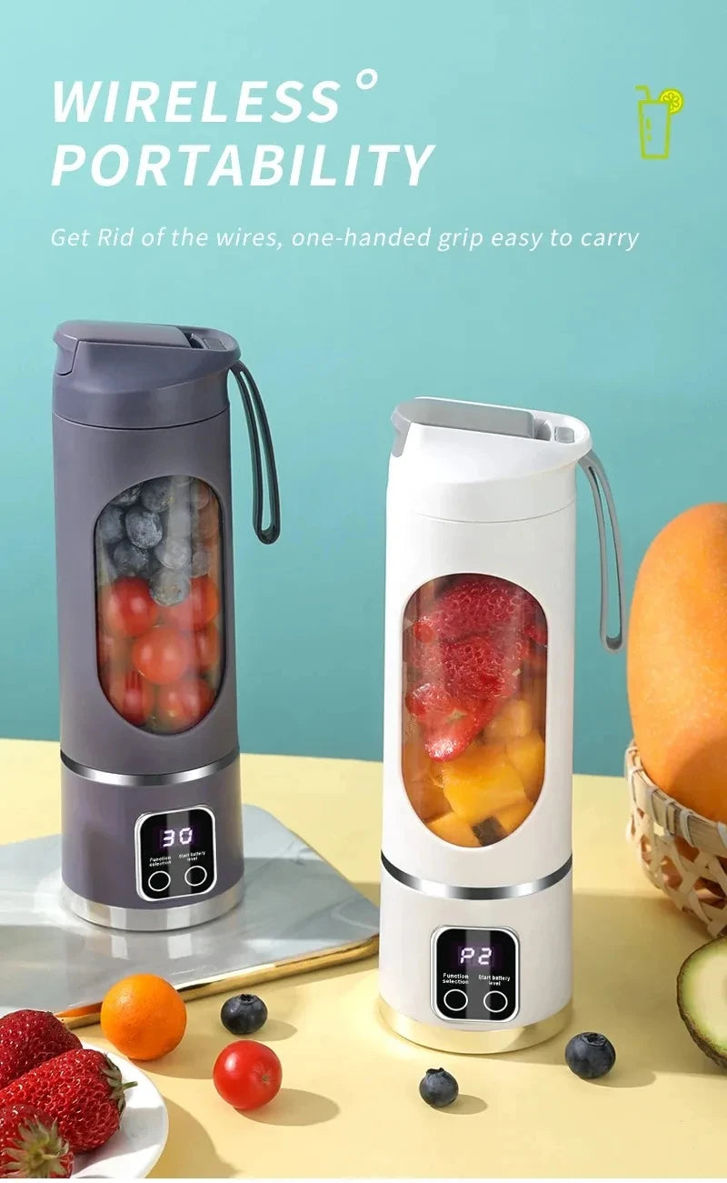 Two portable wireless blenders in grey and white, each with a digital display and clear fruit-filled mixing chamber.