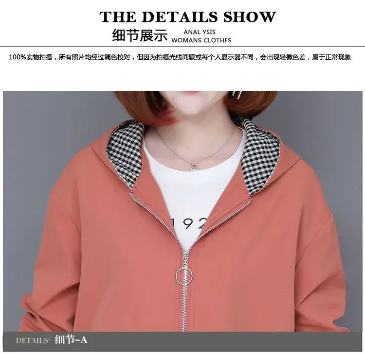 Dusty pink zip-up hoodie featuring a black and white gingham check hood lining.