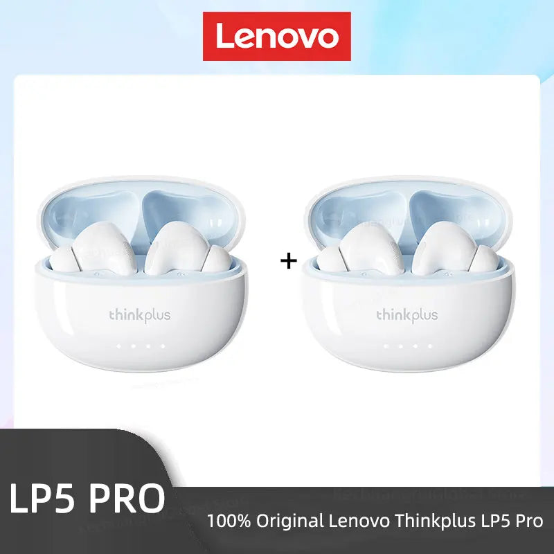 Two sets of white wireless earbuds in rounded charging cases with light blue interior accents against a white background.