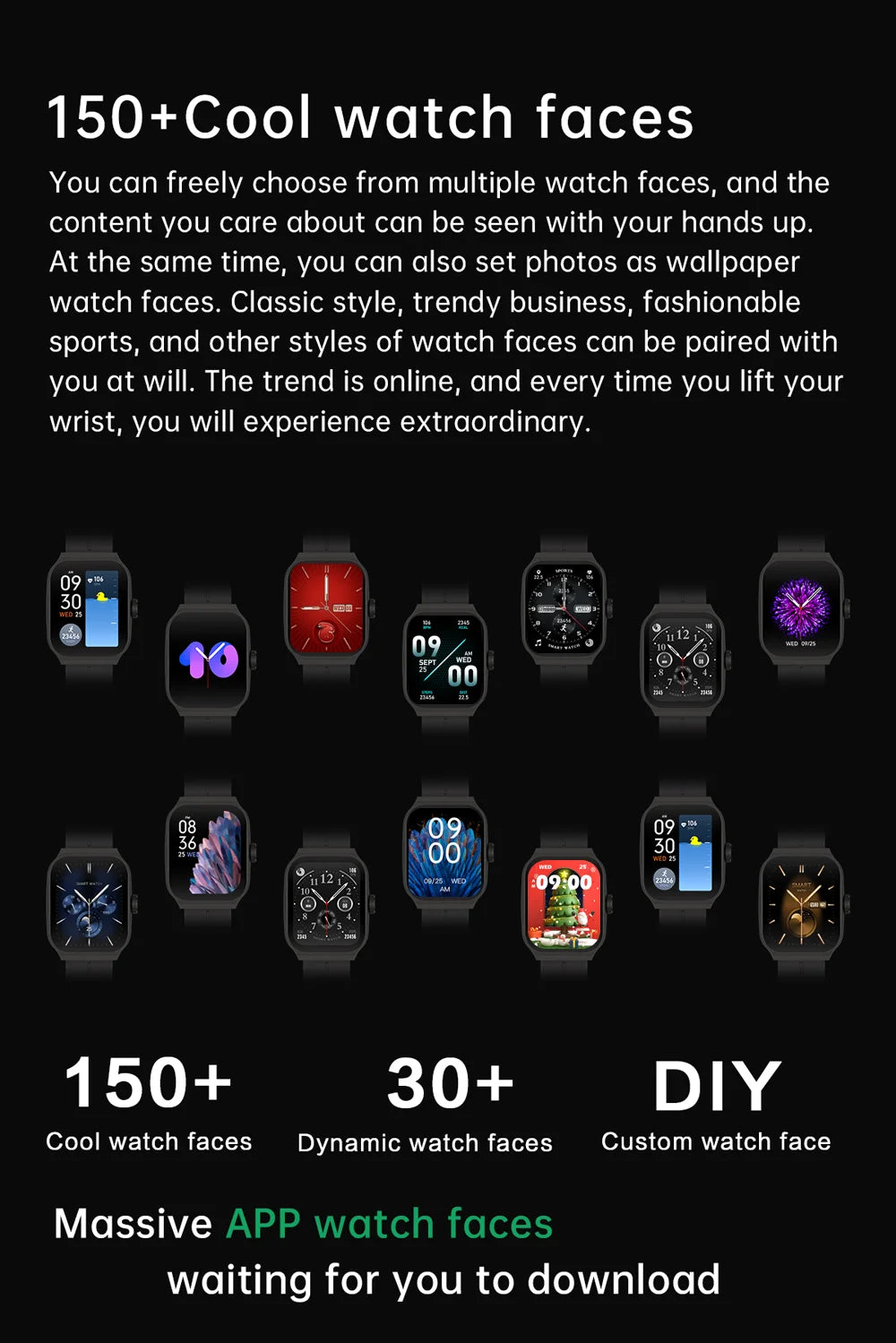 Black smartwatch featuring a 2.01-inch curved screen with a selection of customisable digital and analogue watch faces.