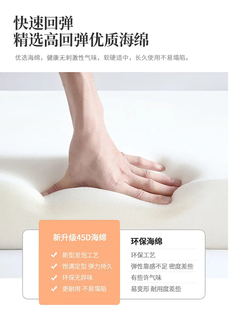 A hand presses into a piece of high-density white foam, demonstrating its quick-rebound, supportive quality.