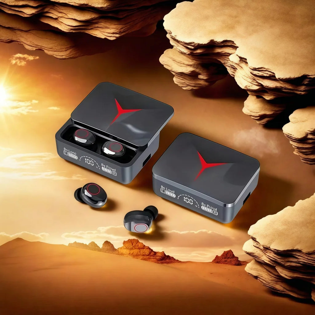 Wireless earbuds in black charging cases with red "Y" logo and LED digital battery display against a desert background.