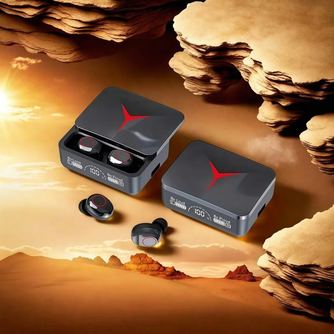 Wireless earbuds in black charging cases with red "Y" logo and LED digital battery display against a desert background.