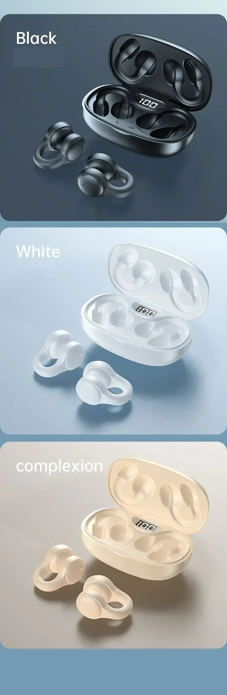 Open-ear wireless earbuds with charging cases, shown in black, white, and beige with digital battery displays.