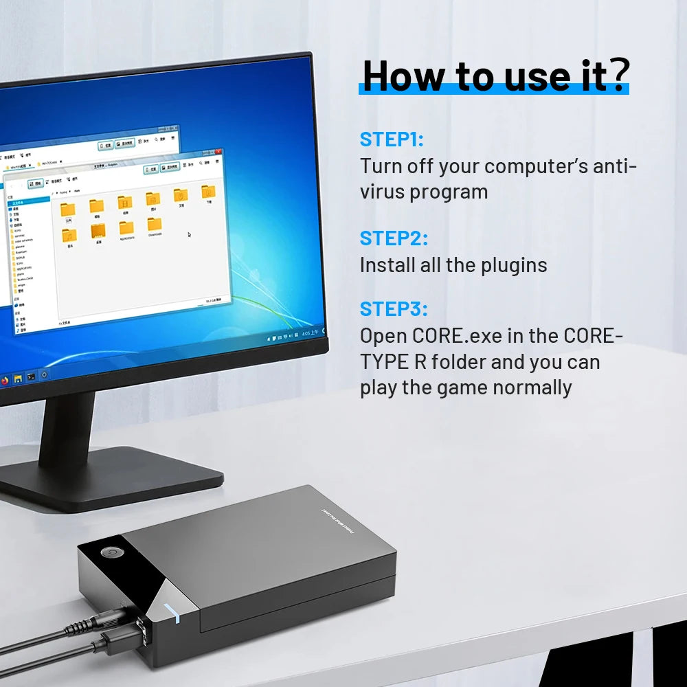 Black 12TB gaming HDD connected to a computer monitor displaying setup instructions with three steps.